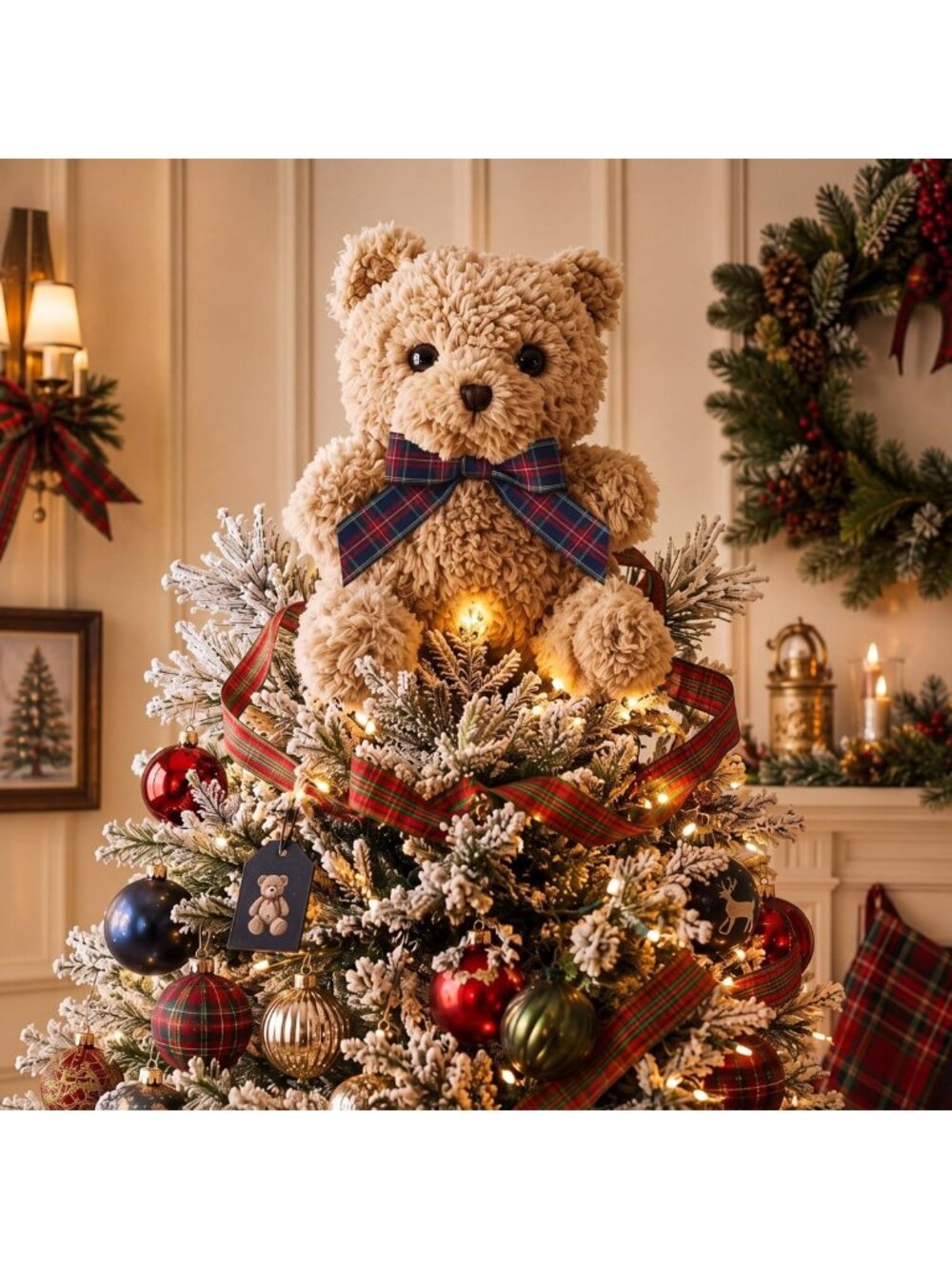 9" Plush Bear Christmas Tree Topper with Plaid Bow - Festive Holiday Decor